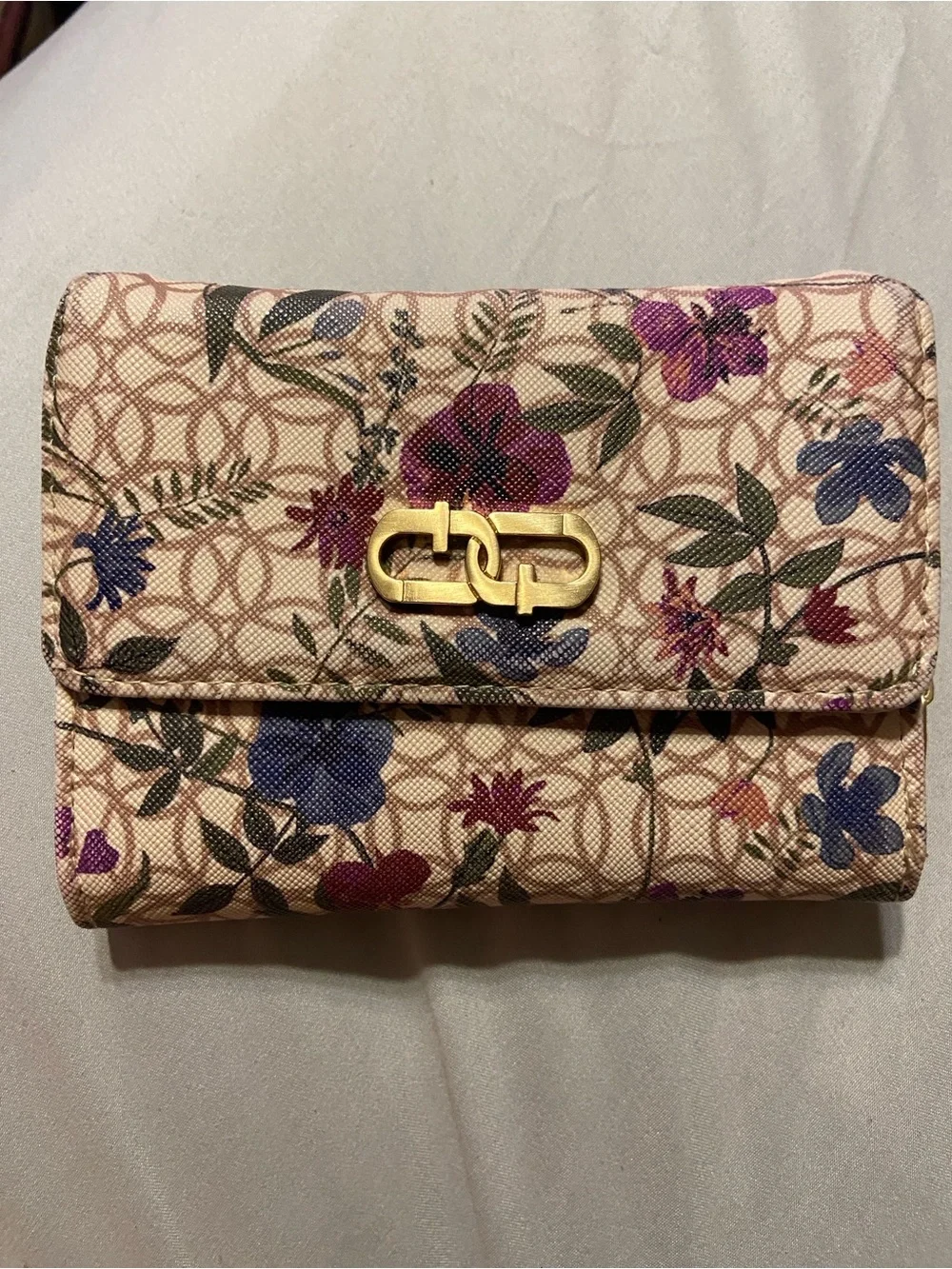 Floral Print Quilted Wallet with Gold Hardware -